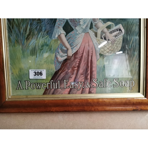 306 - Hudson's Soap framed advertising showcard. { 50 cm H x 46 cm W}.