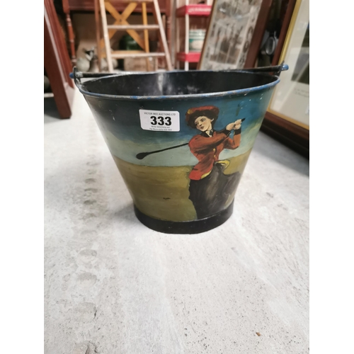 333 - Painted metal bucket with Golfing Scenes.  {26 cm H x 30 cm Dia}