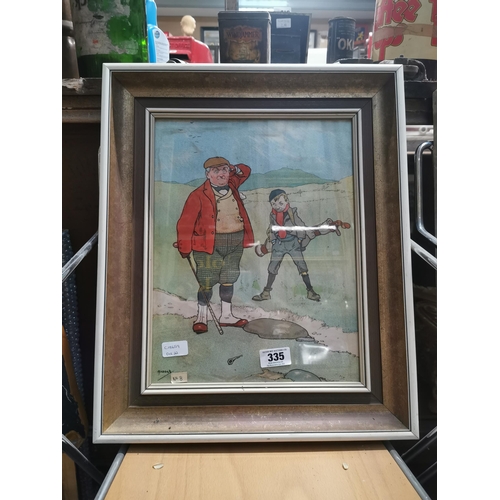 335 - Golfing Scene framed coloured print. {55 cm H x 46 cm W}.