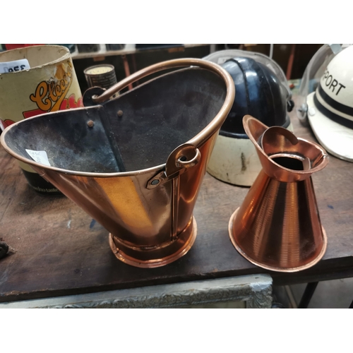 339 - Small copper coal helmet and Jug. { 23 cm H x 28 cm Dia}