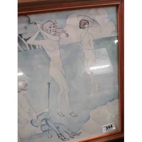 344 - Nude Female Golfers framed coloured print . {44 cm H x 57 cm W}.