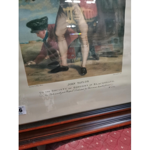 346 - John Taylor To the Society of Golfers Blackheath framed coloured print.  {75 cm H x 56 cm W}