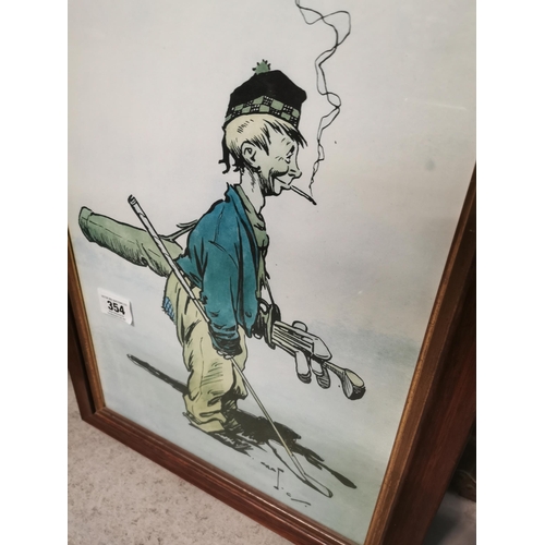 354 - Golfer humorous framed coloured print. { 64 cm H x 46 cm W}.