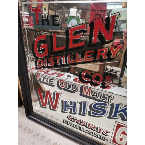 362 - The Glen Distillery Fine Old Whiskey Cork Ireland framed advertising mirror . { 58 cm H x 104 cm W}.