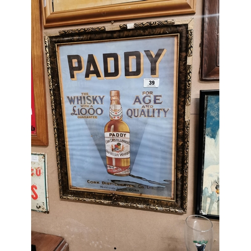 39 - Paddy Whiskey Cork Distillers framed advertising print. {58 cm H x 45 cm W}.