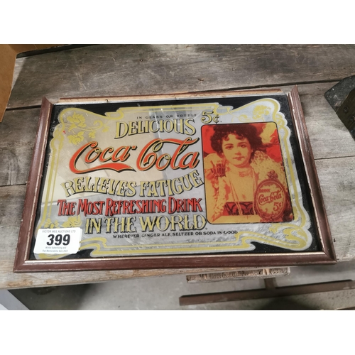 399 - Coca Cola framed advertising mirror {22 cm H x 32 cm W}.