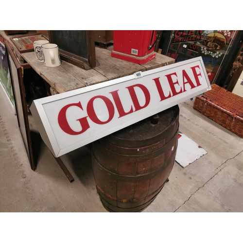 402 - Rare Gold Leaf hanging light up advertising sign {20 cm H x 94 cm W x 15 cm D}.