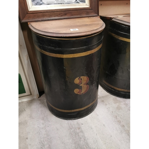 416 - Two tin  tea bins with mahogany lids. {75 cm h x 55 cm W x 44 cm D}