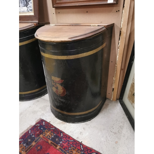 416 - Two tin  tea bins with mahogany lids. {75 cm h x 55 cm W x 44 cm D}