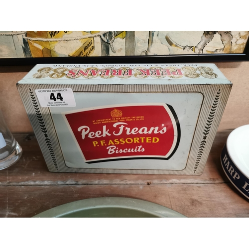 44 - Peak Freans Assorted Biscuits advertising tin. { 7 cm H x 26 cm W x 16 cm D}.