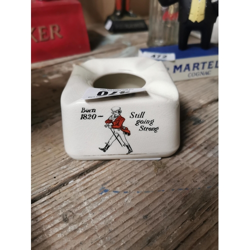 470 - Johnny Walker whiskey ceramic advertising ashtray. {6 cm H x 10 cm W x 10 cm D}.