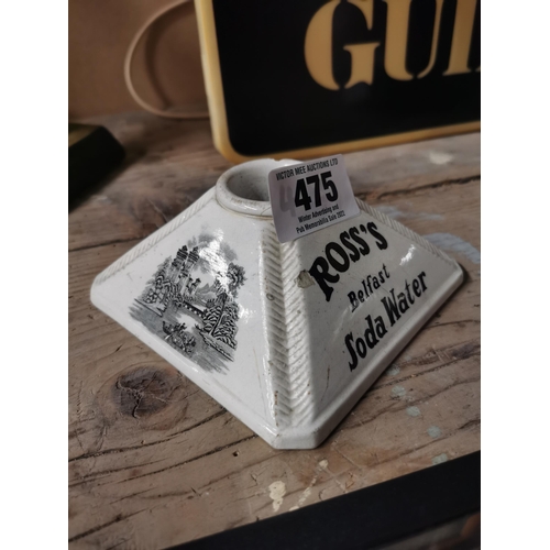 475 - Ross�s Belfast Soda Water and Ginger Ale ceramic match strike. {6 cm H x 16 cm W x 13 cm W}.