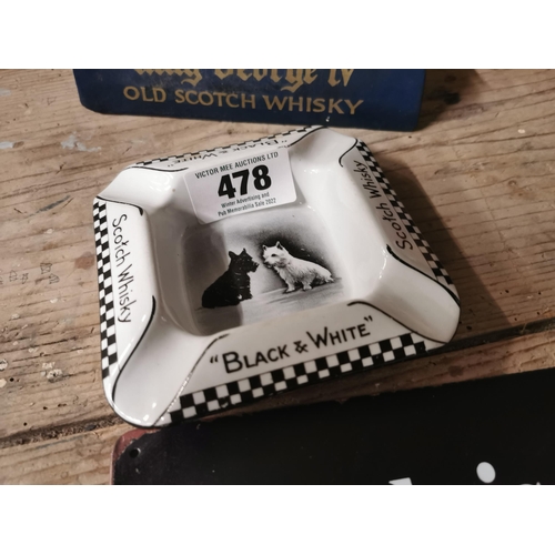 478 - Black and White Scotch Whiskey ceramic advertising ashtray. { 13 cm H x 13 cm Dia}.