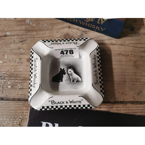 478 - Black and White Scotch Whiskey ceramic advertising ashtray. { 13 cm H x 13 cm Dia}.