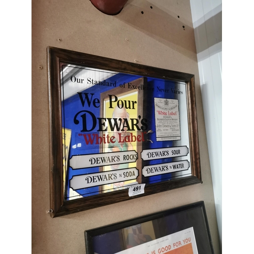 491 - Dewar�s White Label Whiskey framed advertising mirror. {34 cm H x 45 cm W}.