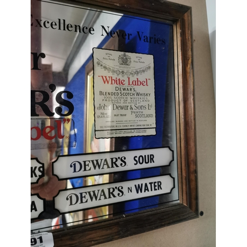 491 - Dewar�s White Label Whiskey framed advertising mirror. {34 cm H x 45 cm W}.