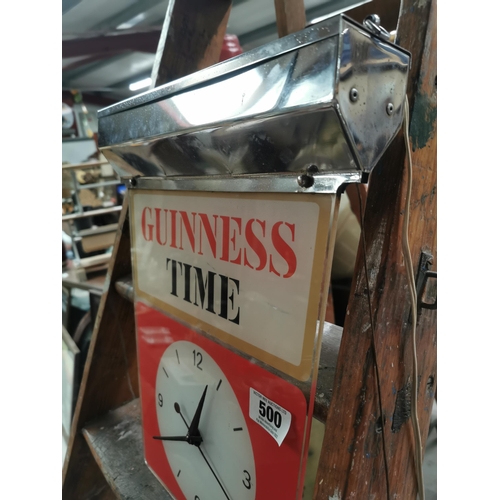 500 - Guinness Time light up perspex and chrome advertising clock. {43 cm H x  35 cm W x 7 cm D}.