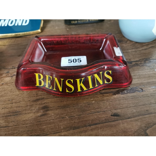 505 - Benskins Bitter glass advertising ashtray. {4 cm H x 19 cm W x 14 cm D}.