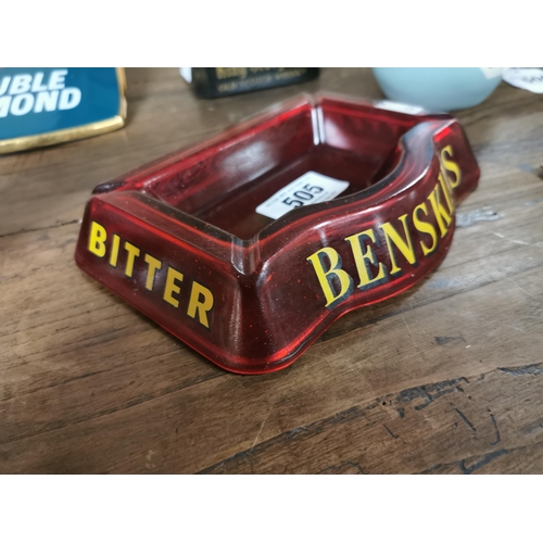 505 - Benskins Bitter glass advertising ashtray. {4 cm H x 19 cm W x 14 cm D}.