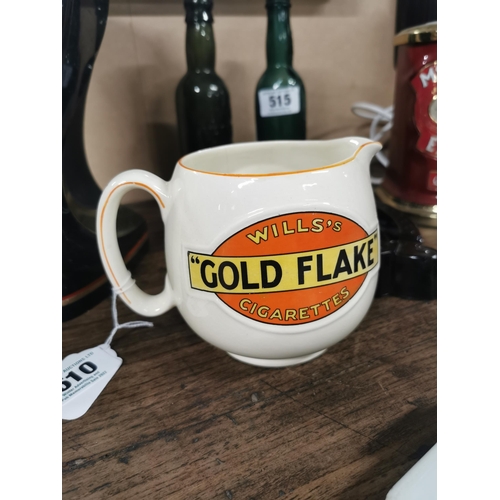 510 - Will's Gold Flake Cigarettes ceramic advertising jug {11 cm H x 16 cm W x 12 cm D}.