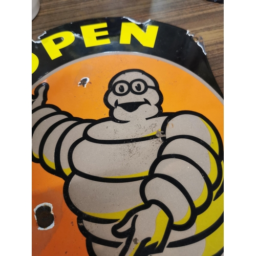 536 - Open For Michelin Tyres enemal sign. {35 cm H x 27 cm W}.