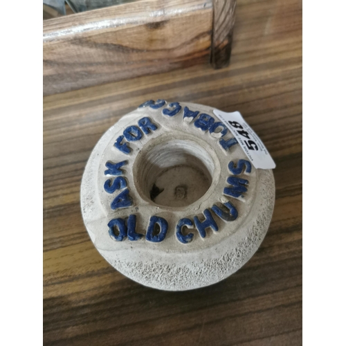 548 - Ask for Old Chums Tobacco match strike and holder. {6 cm H x 12 cm W}.