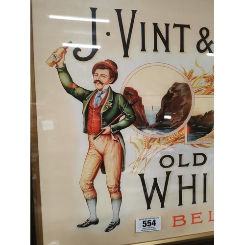 554 - J. Vint & Sons Limited Old Irish Whiskey Belfast framed advertising print {54 cm H x 67 cm W}.