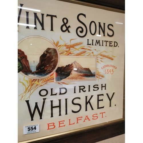 554 - J. Vint & Sons Limited Old Irish Whiskey Belfast framed advertising print {54 cm H x 67 cm W}.