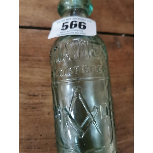 566 - 19th C. Green glass blob top bottle � M Davies Registered Trade Mark Manchester with Masonic emblem.... 