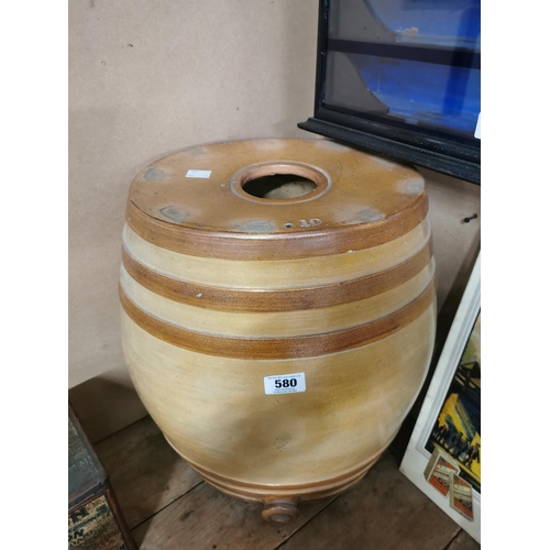 580 - Large 10 gallon stoneware dispenser. {54 cm H x 42 cm W x 32 cm D}