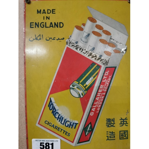 581 - Torchlight Cigarettes tin plate advertising sign {26 cm H x 19 cm W}