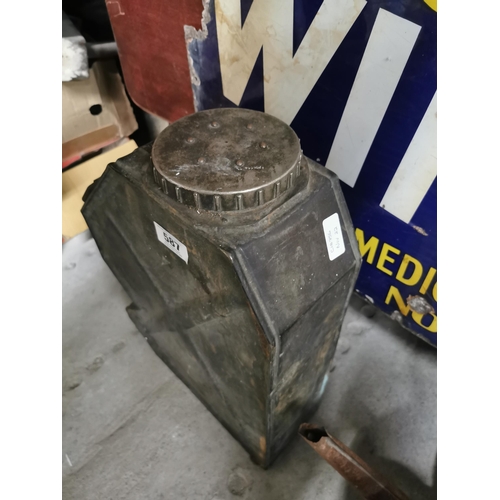 587 - 1951 Military metal and brass petrol can. {152 cm H x 26 cm W x 14 cm D}