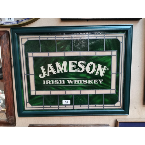 59 - Jameson Irish Whiskey framed glass advertisement with leaded glass effect. {51 cm H x 67 cm W}.