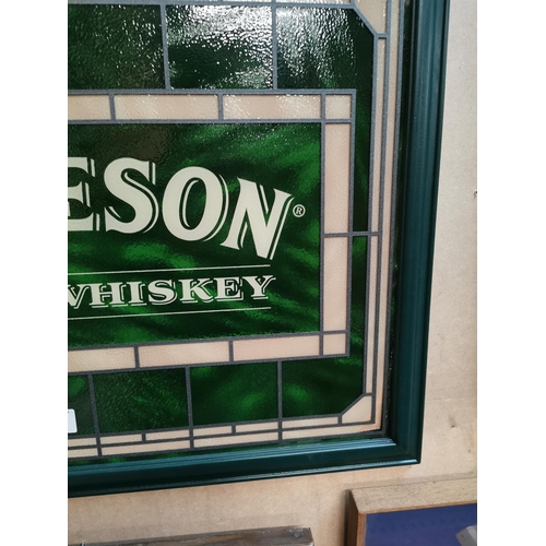 59 - Jameson Irish Whiskey framed glass advertisement with leaded glass effect. {51 cm H x 67 cm W}.