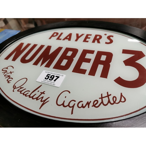 597 - Player�s No 3 Extra Quality Cigarettes reverse painted glass advertising sign. {28 cm H x 40 cm W}.