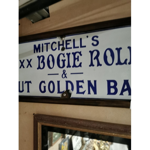 614 - Mitchell's Bogie Roll - Cut Golden Bar tobacco framed enamel advertising sign {23 cm H x 54 cm W}.