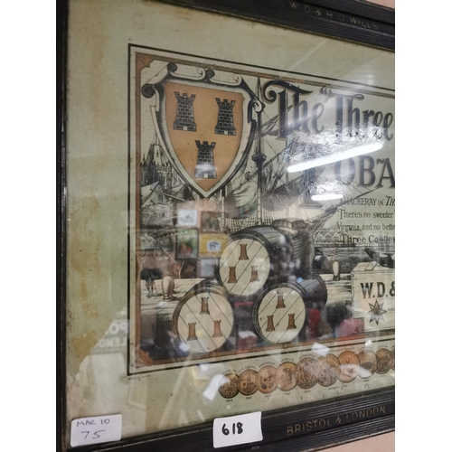 618 - The Three Castles Tobacco W.D. & H.O. Wills Bristol advertising showcard in original frame. { 45cm H... 