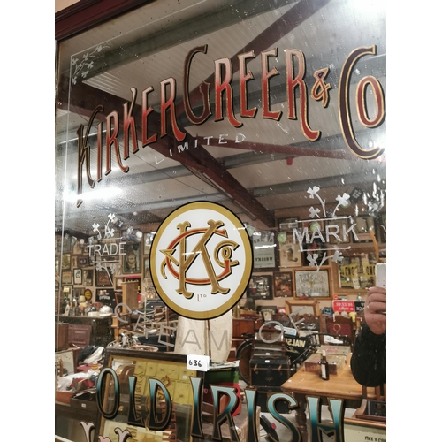 636 - Kirker Greer & Co Old Irish Whiskey framed advertising mirror. { 150cm H X 170cm W }.