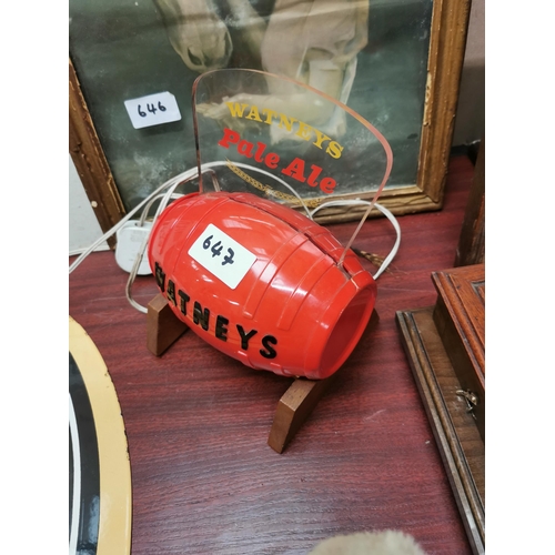 647 - Watneys perspex advertising light in the form of barrel on stand. {27 cm H x 14 cm W}.