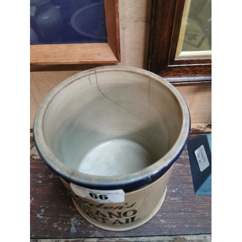 66 - Early 20th C. Stoneware Ogden's Beano Pigtail lidded Tobacco Jar. {17 cm H x 15 cm Diam}