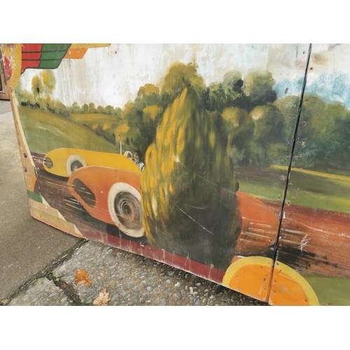 660 - Rare early 20th C. painted wooden carvnival panels decorated with racing car scenes {98 cm H x 228 c... 