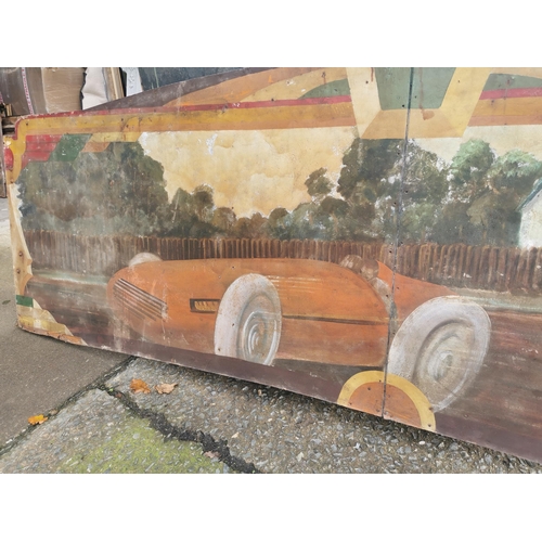 661 - Rare early 20th C. painted wooden carvnival panels decorated with racing car scenes  {97 cm H x 304 ... 