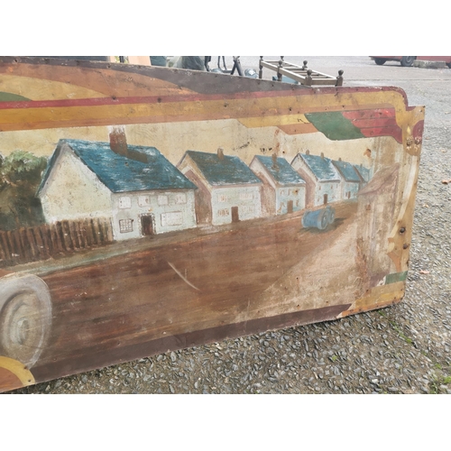 661 - Rare early 20th C. painted wooden carvnival panels decorated with racing car scenes  {97 cm H x 304 ... 