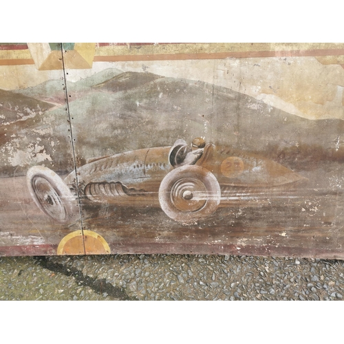 662 - Rare early 20th C. painted wooden carvnival panels decorated with racing car scenes  {98 cm H x 304 ... 