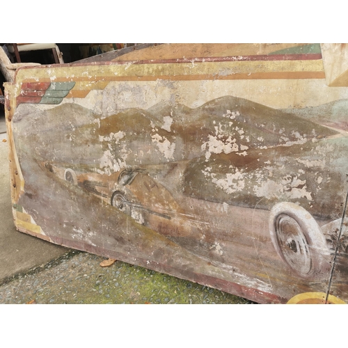 662 - Rare early 20th C. painted wooden carvnival panels decorated with racing car scenes  {98 cm H x 304 ... 