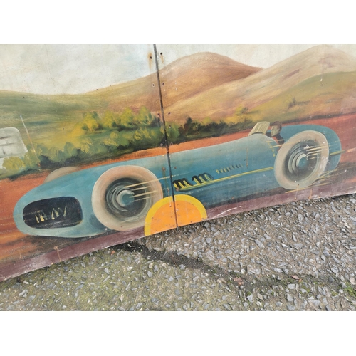 663 - Rare early 20th C. painted wooden carvnival panels decorated with racing car scenes  {98 cm H x 228 ... 