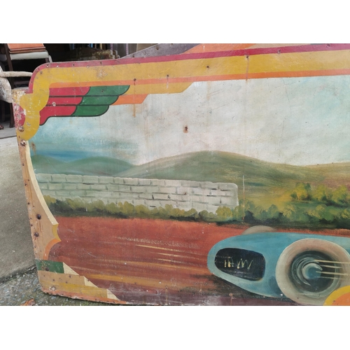 663 - Rare early 20th C. painted wooden carvnival panels decorated with racing car scenes  {98 cm H x 228 ... 