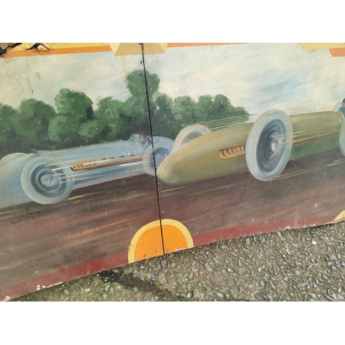 664 - Rare early 20th C. painted wooden carvnival panels decorated with racing car scenes g {98 cm H x 228... 