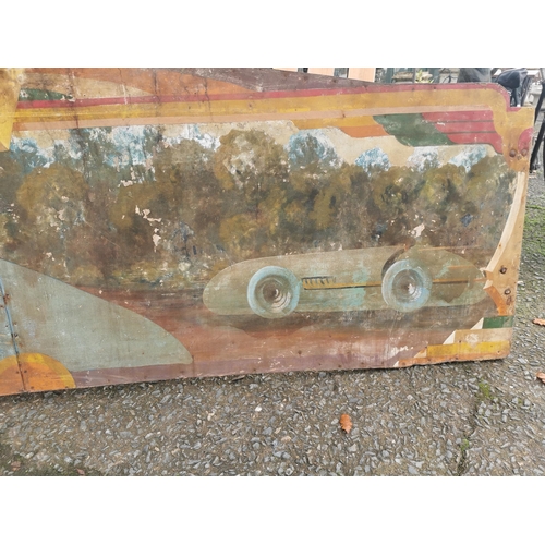 665 - Rare early 20th C. painted wooden carvnival panels decorated with racing car scenes  {98 cm H x 304 ... 