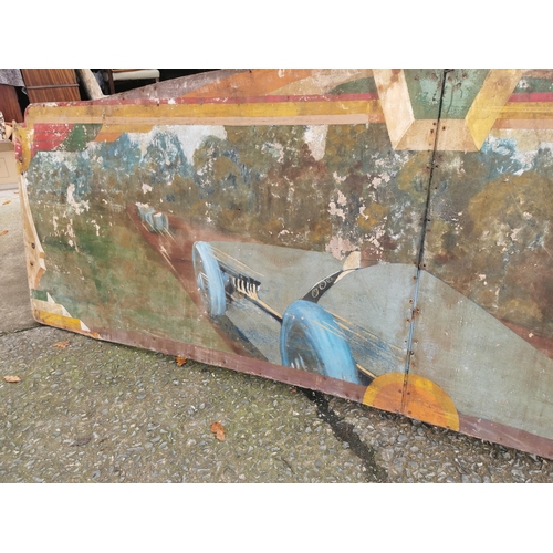 665 - Rare early 20th C. painted wooden carvnival panels decorated with racing car scenes  {98 cm H x 304 ... 